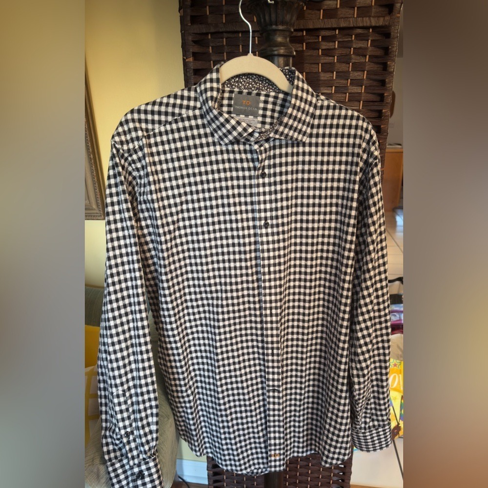 Thomas Dean Black and White Checkered Gingham‎ Shirt